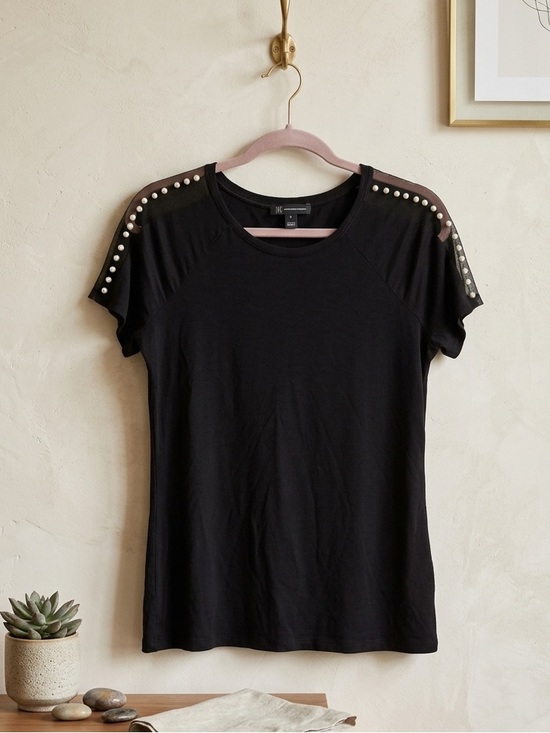 INC International Concepts Tops - INC International Concepts Black Short-Sleeve Tee with Studded Pearl Shoulders